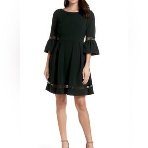 Eliza J Black Bell Sleeve Lace insert Fit n flare Dress Sz 12 Petite